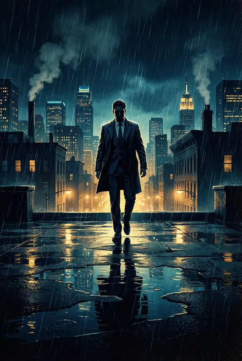 shkd-738 出品影片《雨夜独行者》海报，雨中城市屋顶男性剪影